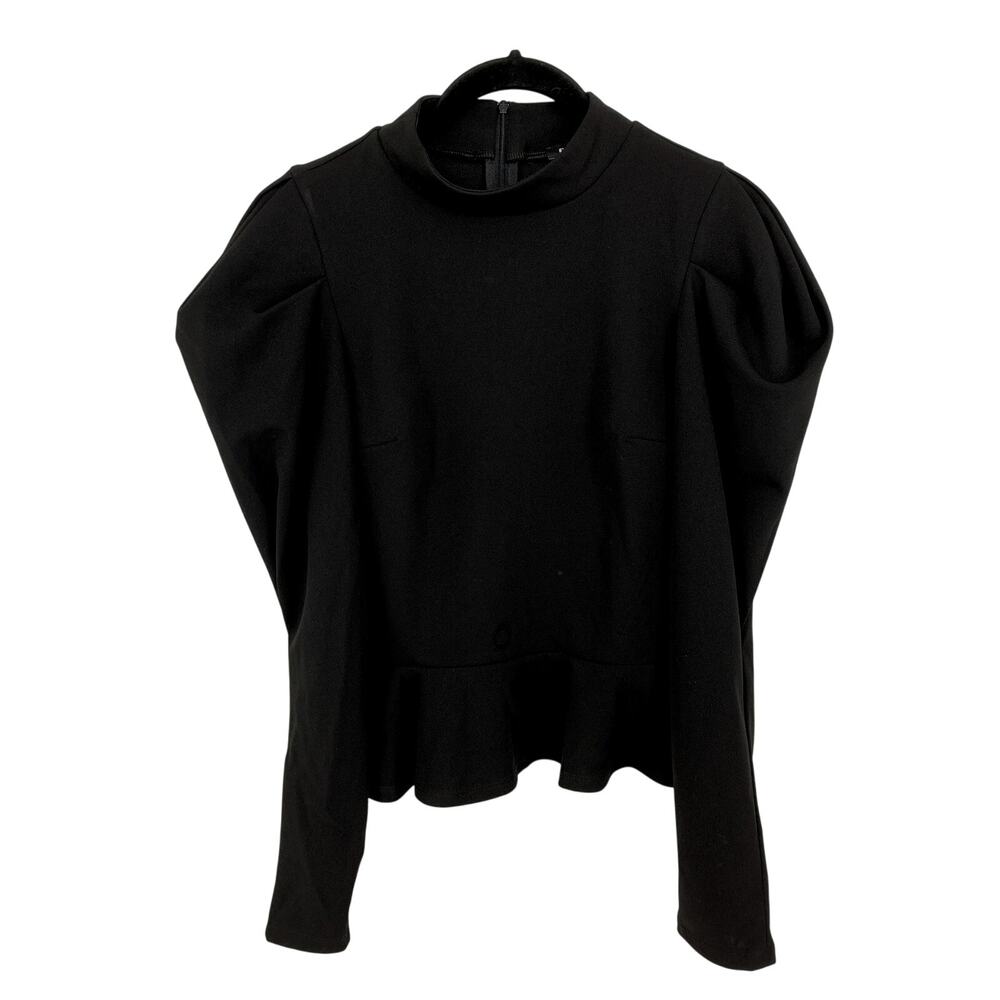 Express Peplum Puff Shoulder Blouse Womens Sz Small Black Long Sleeve Mock Neck